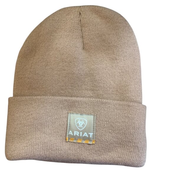 Ariat Tan Knit Cuffed Beanie Hat Logo Patch OS - Picture 2 of 4